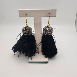 NWOT Molly Phillips Jacqueline Black Tassel & Rhinestone Earrings